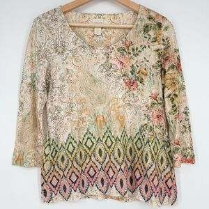 Chico's Beige Floral Paisley Watercolor‎ 3/4 Sleeves Shirt Top Size 0 Small